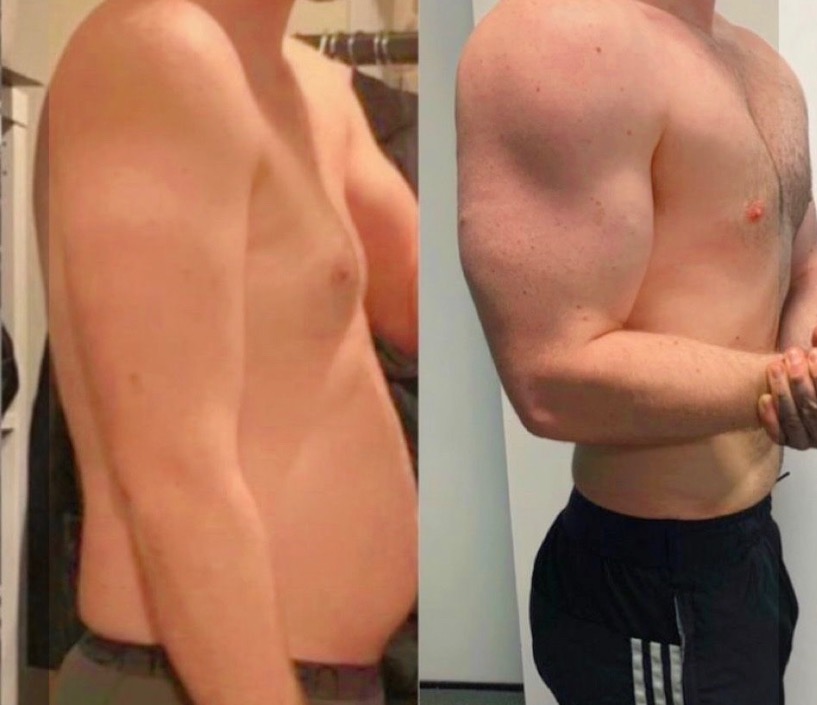 Mężczyzna bez koszulki, porównanie sylwetki przed i po, widoczna różnica w budowie ciała i muskulaturze.