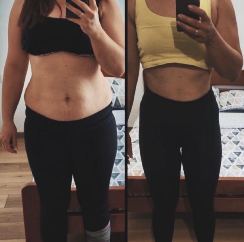 Kobieta prezentuje metamorfozę sylwetki przed i po, widoczne zmiany w obwodzie talii i napięciu skóry brzucha, sfotografowane telefonem komórkowym w domowych warunkach.