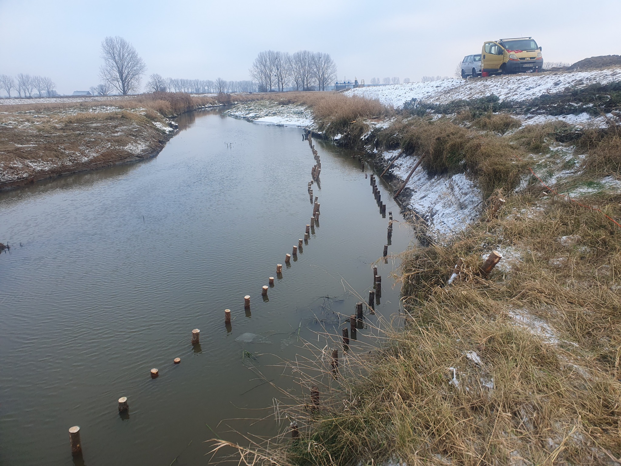 Brzeg rzeki umocniony palikami w zimowym krajobrazie, żółty samochód dostawczy w tle.