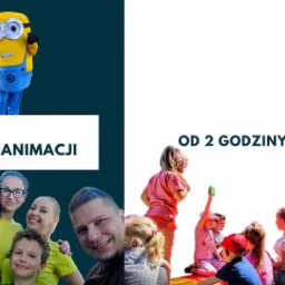 Promocja pakietów animacji: animator w kostiumie Minionka, uśmiechnięty zespół animatorów z dziećmi z pomalowanymi twarzami oraz animatorka z mikrofonem prowadząca zabawy dla grupy dzieci.