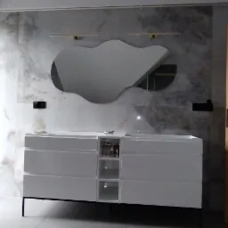 Nowoczesna łazienka z białą szafką pod umywalkę na czarnych nóżkach, lustrem o organicznym kształcie, marmurowymi płytkami i drewnianymi drzwiami z czarną wstawką.