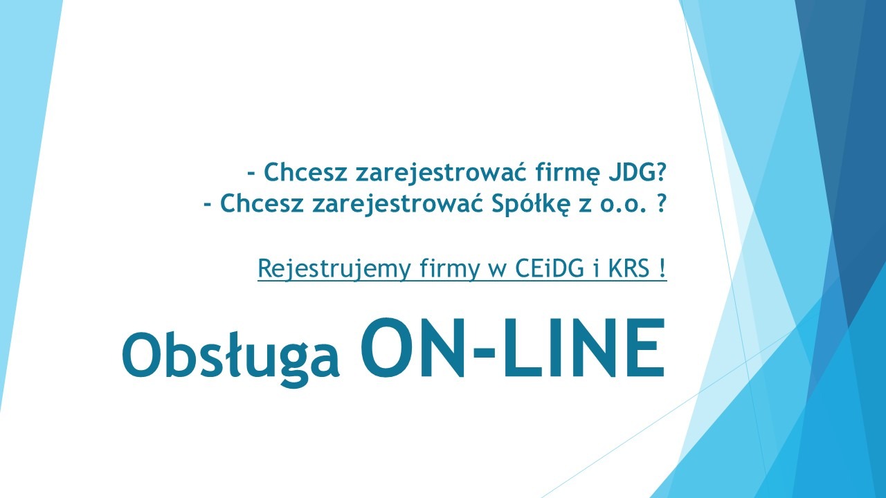 Grafika informacyjna z tekstem o rejestracji firmy JDG i spółki z o.o. online, z akcentami w kolorze niebieskim.