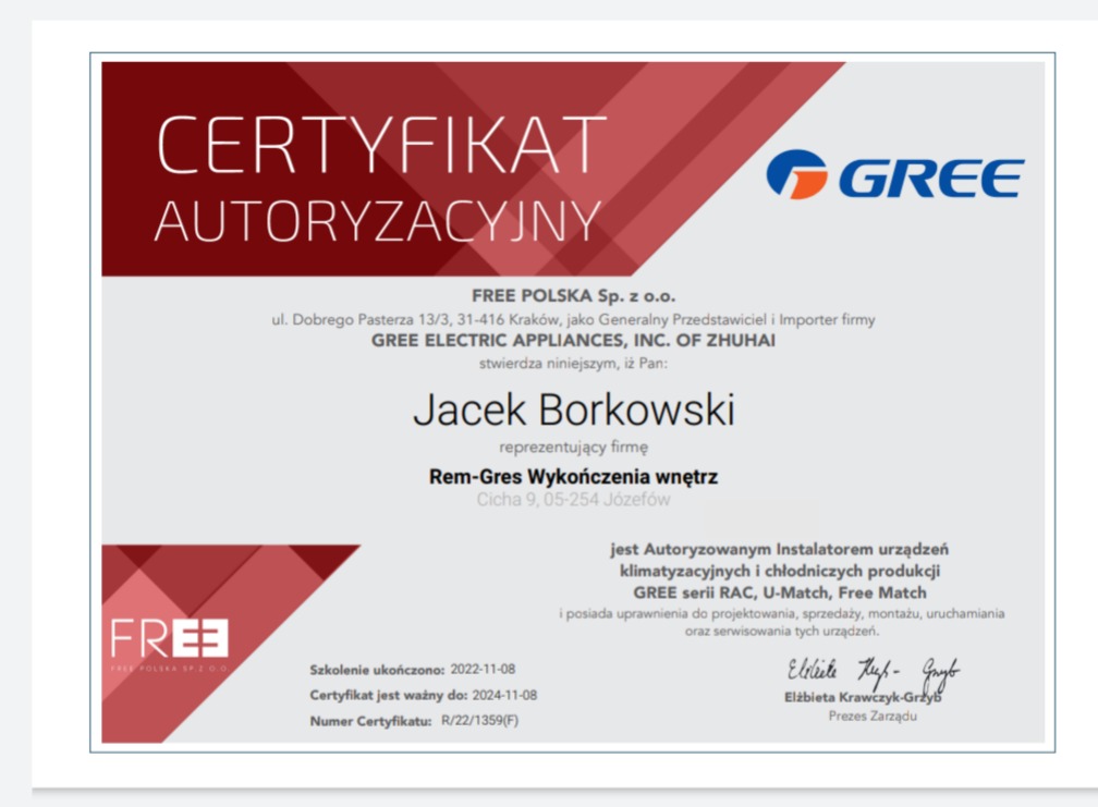 Certyfikat autoryzacyjny firmy Free Polska Sp. z o.o. dla Jacka Borkowskiego z Rem-Gres Wykończenia wnętrz jako autoryzowanego instalatora urządzeń klimatyzacyjnych Gree, ważny do 2024-11-08.