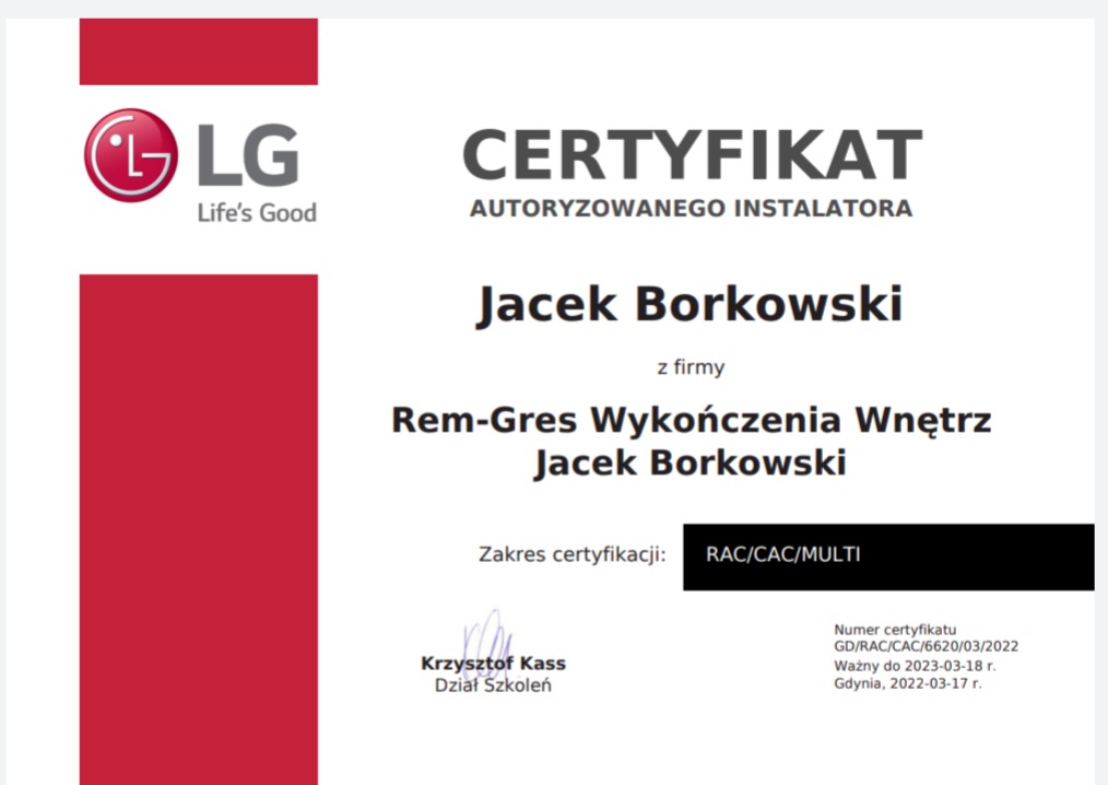 Certyfikat autoryzowanego instalatora LG dla Jacka Borkowskiego z firmy Rem-Gres Wykończenia Wnętrz, zakres certyfikacji RAC/CAC/MULTI, wydany w Gdyni.