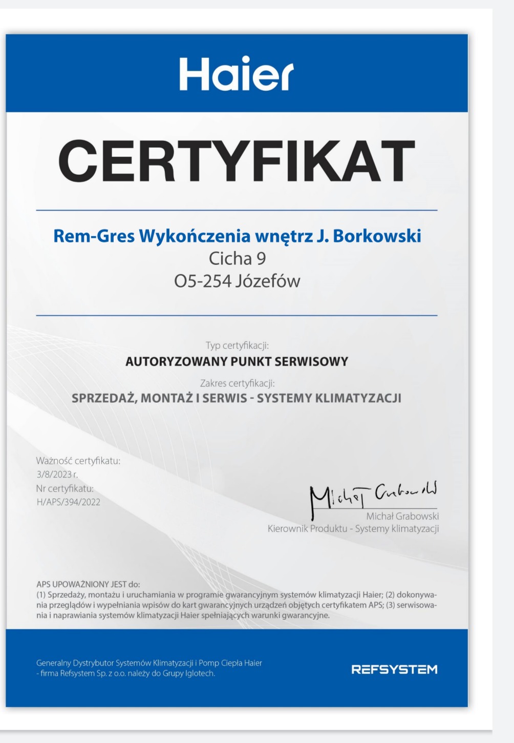 Certyfikat autoryzowanego punktu serwisowego Haier, potwierdzający uprawnienia do sprzedaży, montażu i serwisu systemów klimatyzacji, z datą ważności 3/8/2023 i podpisem Kierownika Produktu.