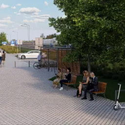 Wizualizacja węzła integracyjnego w Sopocie: przystanek autobusowy, miejsca parkingowe, pasażerowie. W tle pociąg. Projekt przestrzeni publicznej.