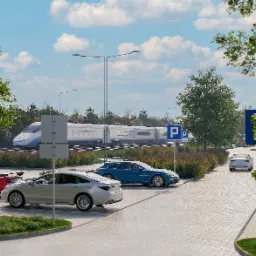 Wizualizacja parkingu z samochodami i pociągiem w tle, zieleń miejska, kostka brukowa. Jasne, słoneczne oświetlenie. Elementy infrastruktury miejskiej.