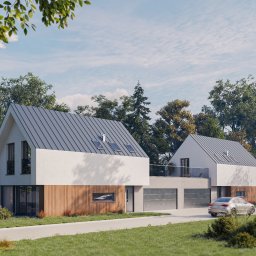 Visual Home Iryna Protsyk - Wizualizacja nowoczesnego domu dwukondygnacyjnego z garażem, wykończonego drewnem i białym tynkiem, z szarym dachem na tle zieleni i błękitnego nieba.
