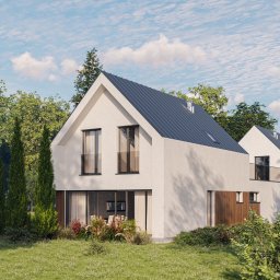 Visual Home Iryna Protsyk - Wizualizacja nowoczesnego domu z ciemnym dachem, otoczonego zielenią. Minimalistyczna bryła, duże okna i starannie zaprojektowany ogród tworzą spójną całość.