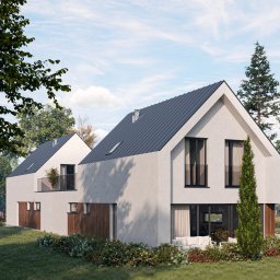 Visual Home Iryna Protsyk - Wizualizacja nowoczesnego domu jednorodzinnego z ciemnym dachem, otoczonego zielenią. Widoczny taras z białymi meblami ogrodowymi i starannie zaprojektowany ogród.