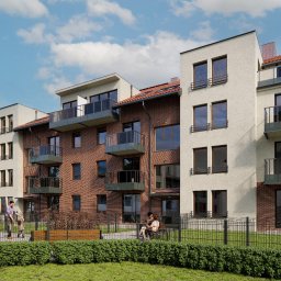 Visual Home Iryna Protsyk - Wizualizacja budynku wielorodzinnego z balkonami, wykonana w ciepłej kolorystyce z elementami cegły, otoczonego zielenią i niskim ogrodzeniem.