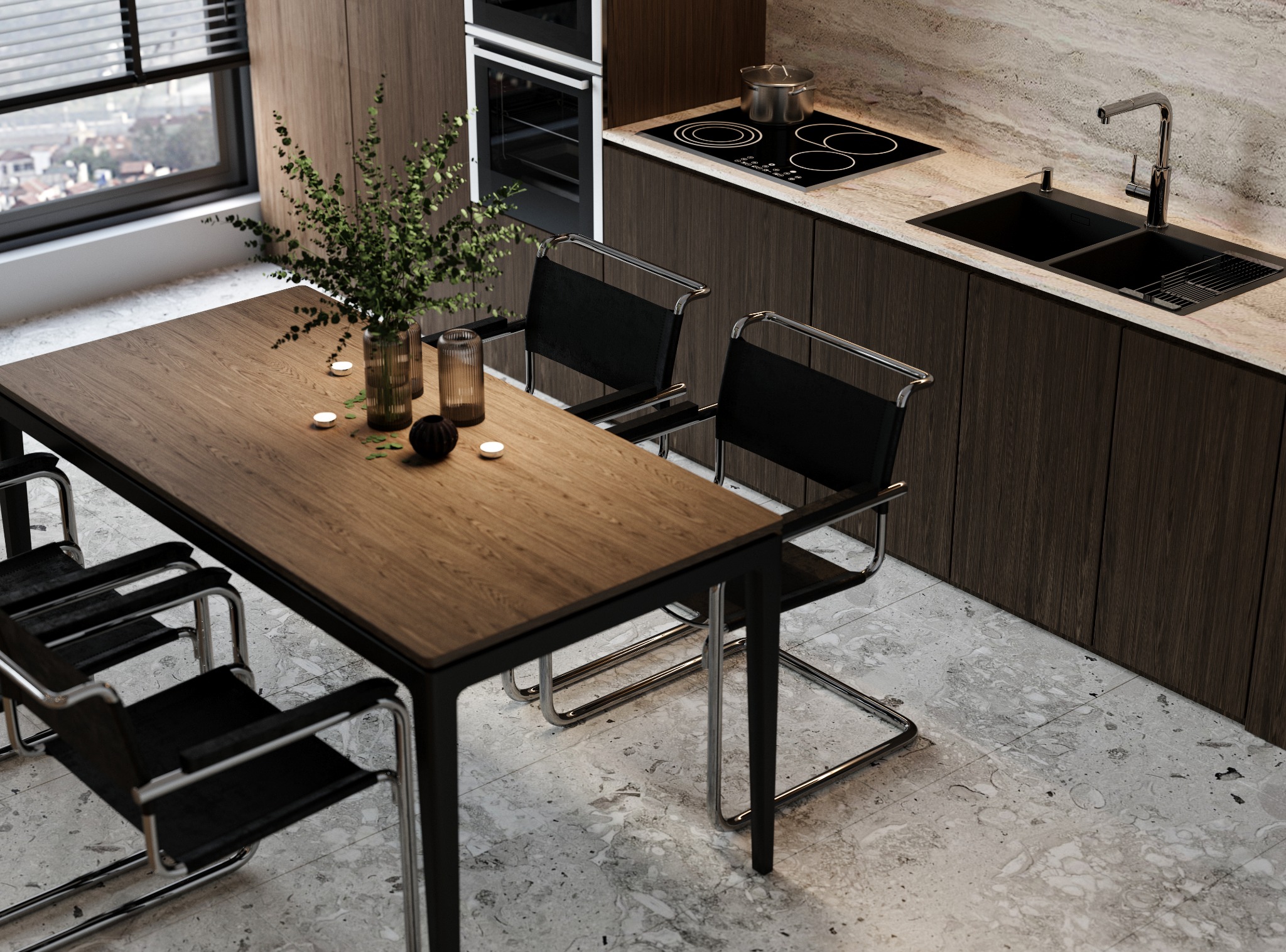 Nowoczesna kuchnia z drewnianymi szafkami, blatem z kamienia i stołem z krzesłami. Na stole dekoracje, w tle okno z widokiem na miasto.