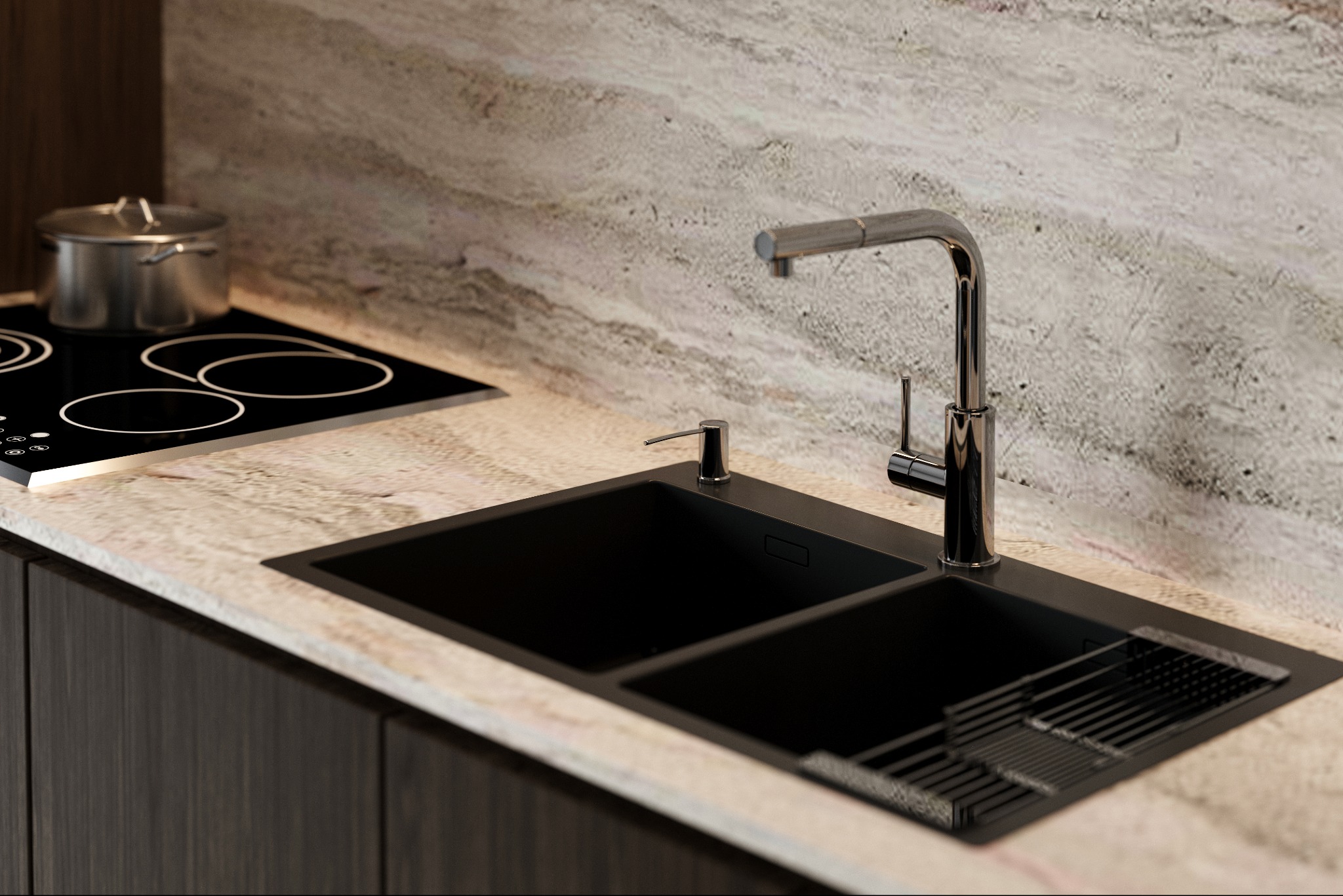 Nowoczesna kuchnia: czarny zlew z ociekaczem i chromowaną baterią na blacie z kamienia, płyta indukcyjna i garnek w tle. Elegancki design z ciemnymi frontami szafek.
