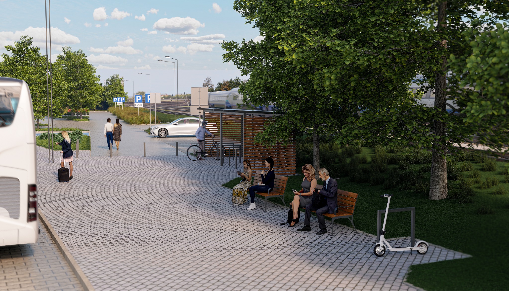 Wizualizacja węzła integracyjnego w Sopocie: przystanek autobusowy, miejsca parkingowe, pasażerowie. W tle pociąg. Projekt przestrzeni publicznej.