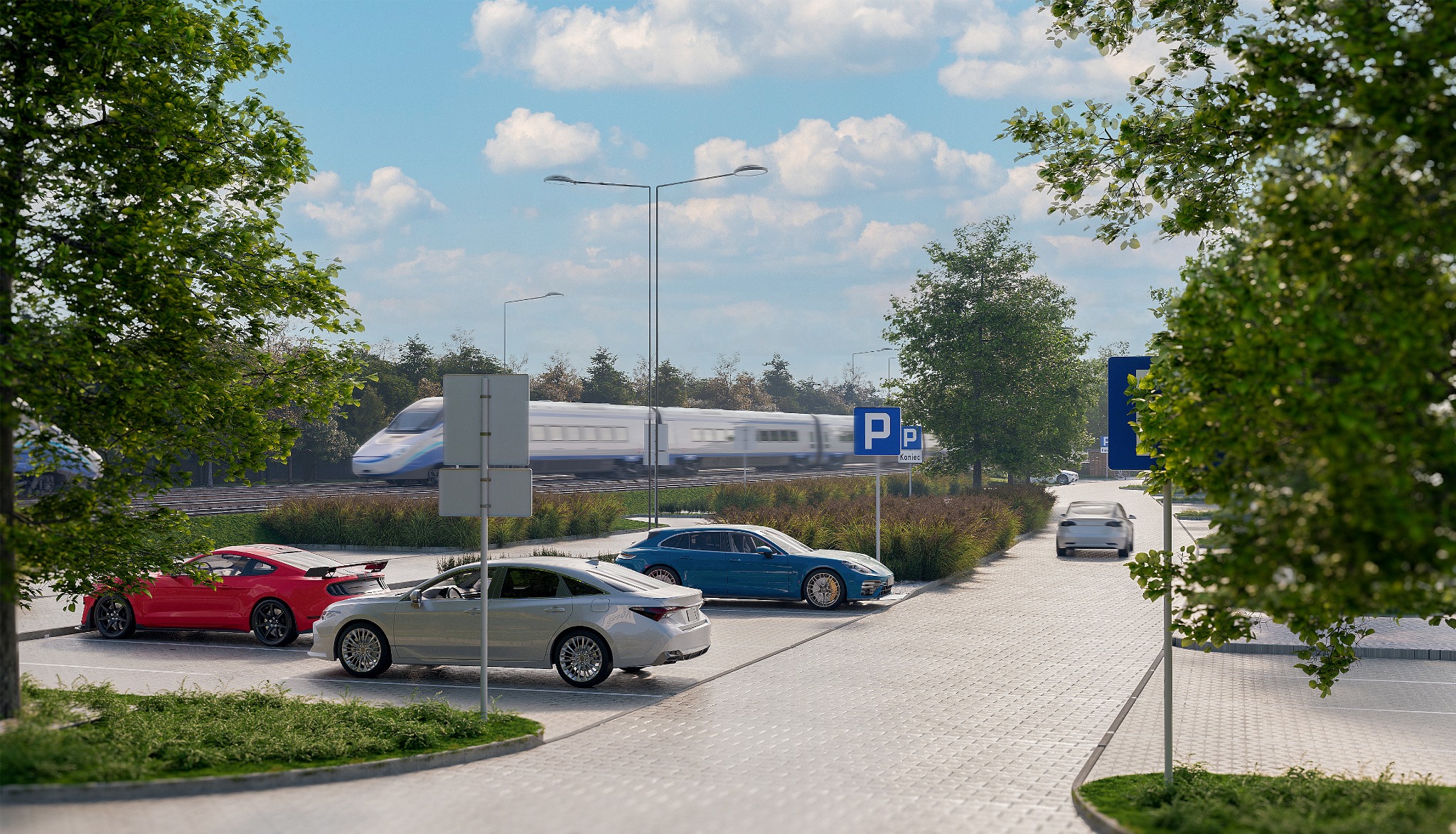 Wizualizacja parkingu z samochodami i pociągiem w tle, zieleń miejska, kostka brukowa. Jasne, słoneczne oświetlenie. Elementy infrastruktury miejskiej.