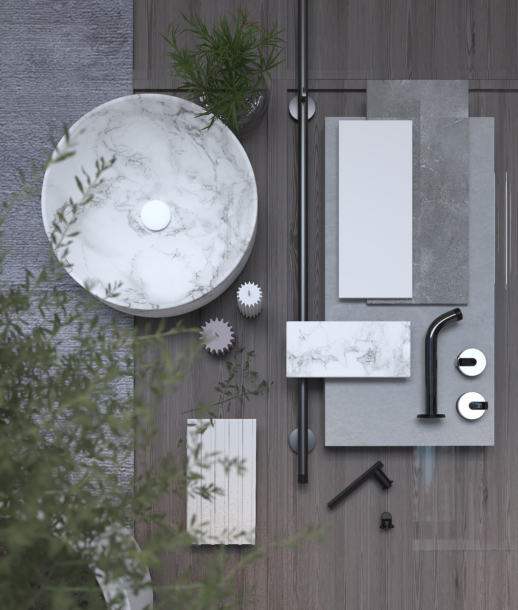 Moodboard łazienkowy z umywalką z marmuru, armaturą w kolorze czarnym, płytkami w odcieniach szarości, grzejnikiem drabinkowym i dekoracyjną roślinnością.