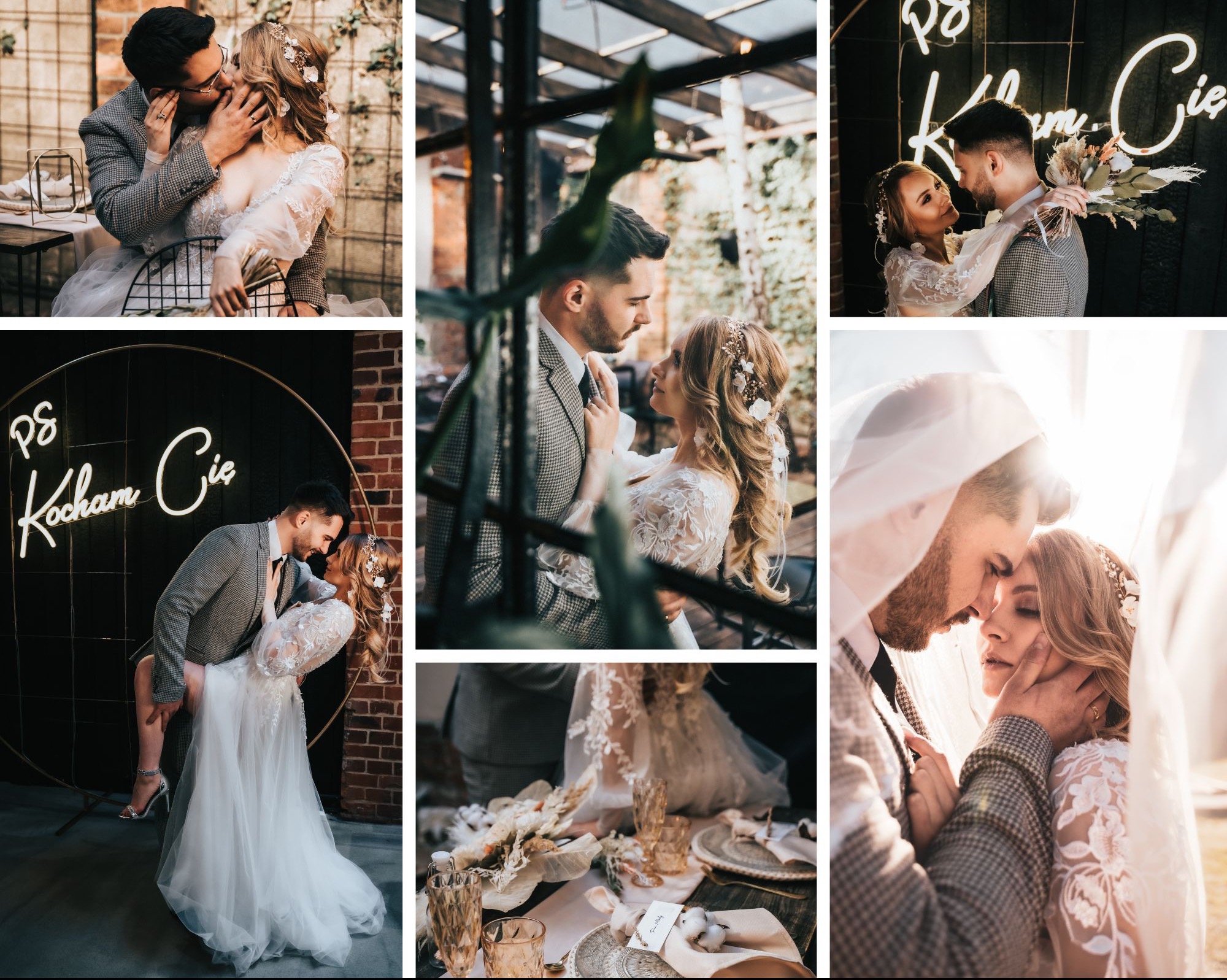 Kolaż z sesji ślubnej: pocałunki, czułe spojrzenia, neonowy napis 'PS Kocham Cię' i dekoracje stołu w stylu rustykalnym.