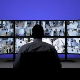 Operator monitoringu siedzi przed trzema monitorami pokazującymi obraz z kamer CCTV wewnątrz budynku.