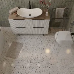 Nowoczesna łazienka z owalną wanną z drewnianą półką, umywalką nablatową na szafce z ryflowanymi frontami, szklaną kabiną prysznicową i mozaikową podłogą.