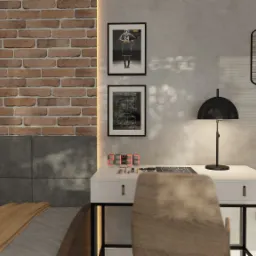 Pokój młodzieżowy z ceglaną ścianą, łóżkiem z szarą tapicerką i biurkiem z lampką, plakaty koszykarskie i kosz na ścianie.