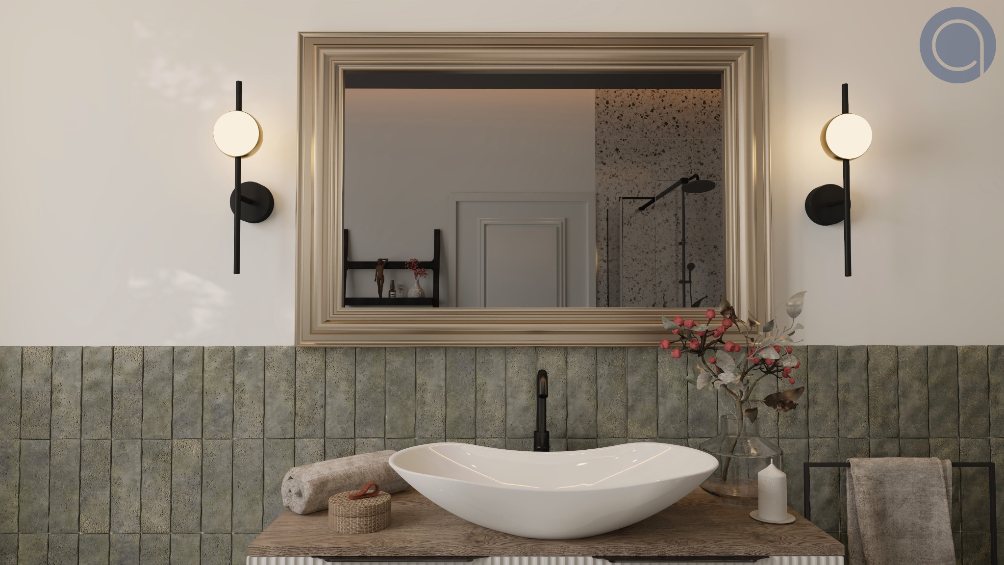 Elegancka łazienka z owalną białą umywalką nablatową, baterią w kolorze czarnym, lustrem w złotej ramie, podłużnymi szarymi płytkami oraz dekoracyjnymi lampami ściennymi z okrągłymi kloszami.
