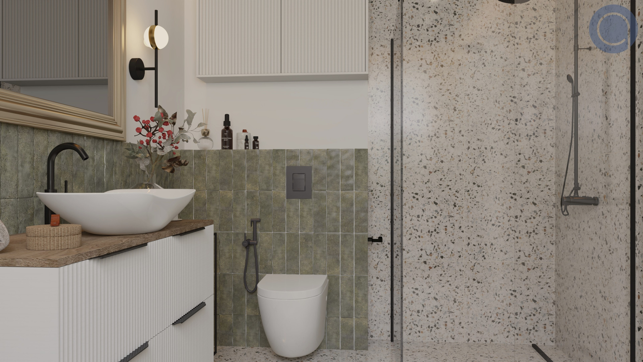 Nowoczesna łazienka z umywalką nablatową, armaturą w kolorze czarnym, płytkami imitującymi lastryko w strefie prysznica i oliwkowymi płytkami na ścianie z toaletą.