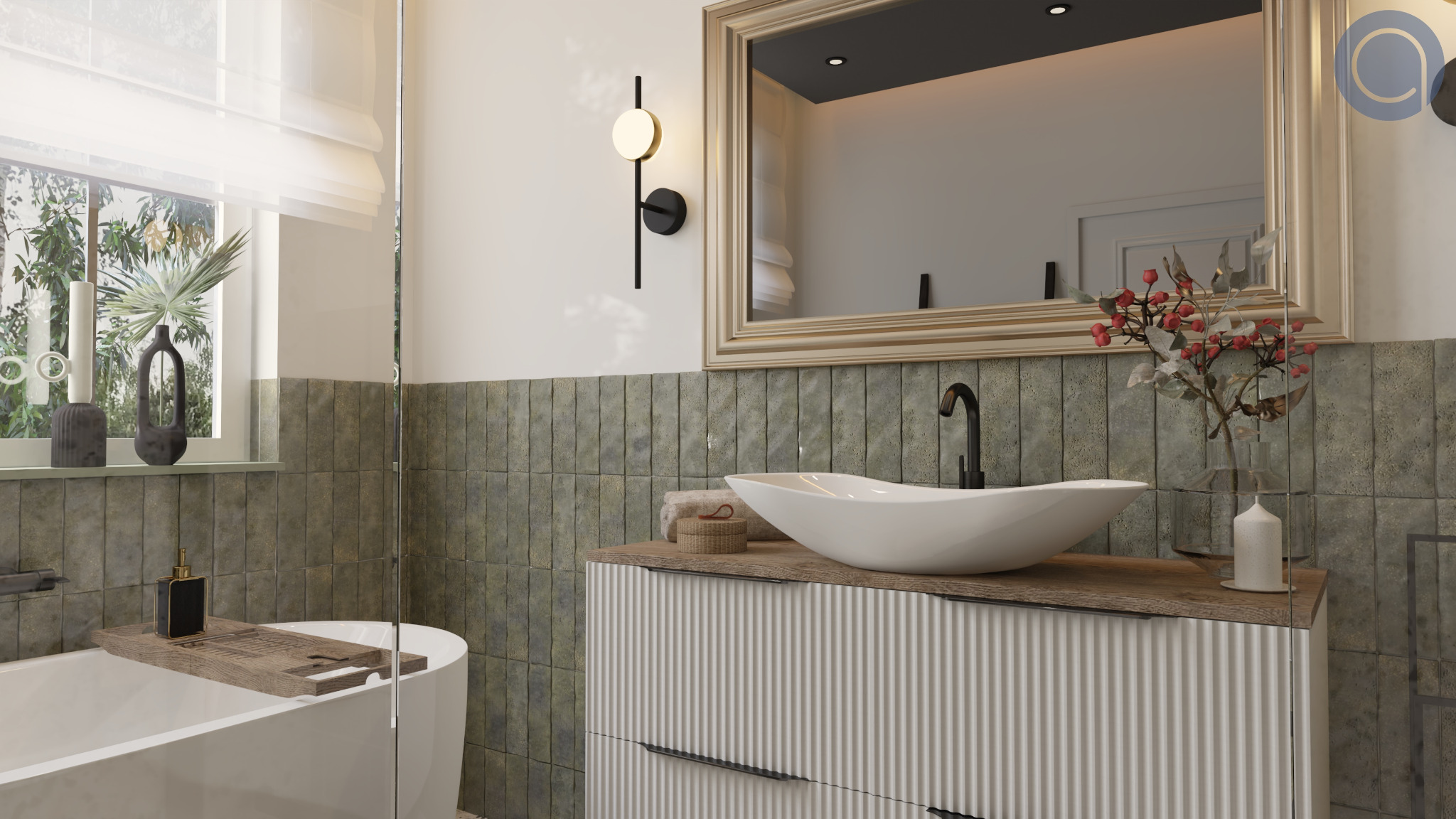 Nowoczesna łazienka z owalną umywalką nablatową, czarną armaturą, lustrem w złotej ramie, dekoracyjnymi płytkami w odcieniach zieleni i beżu oraz wanną z drewnianą półką.