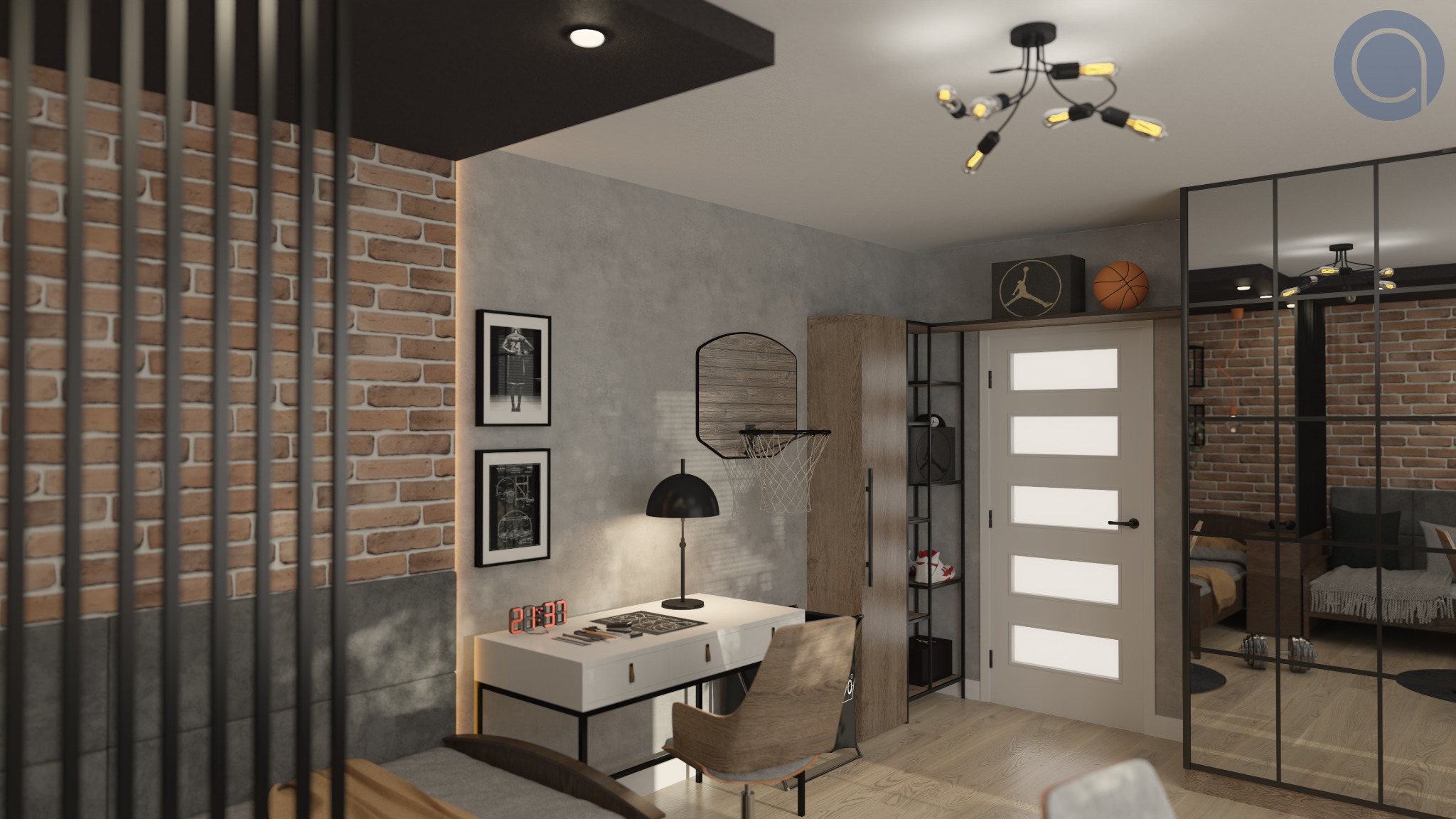 Pokój młodzieżowy z ceglaną ścianą, biurkiem z lampką, dekoracyjnym koszem do koszykówki i plakatem sportowym, oświetlony lampą sufitową w stylu industrialnym.