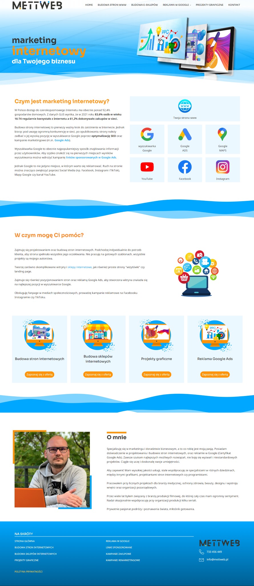 Strona internetowa firmy oferującej marketing internetowy, z nagłówkiem 'marketing internetowy dla Twojego biznesu', ikonami Google, Facebook, Instagram oraz sekcjami poświęconymi budowie stron...