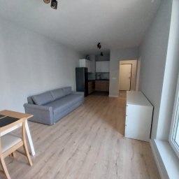 Stardom Łukasz Starosta - Wnętrze mieszkania po remoncie: jasne ściany, panele podłogowe, szara sofa, stół z krzesłami, biała komoda i widok na aneks kuchenny z czarną lodówką.