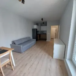 Wnętrze mieszkania po remoncie: jasne ściany, panele podłogowe, szara sofa, stół z krzesłami, biała komoda i widok na aneks kuchenny z czarną lodówką.