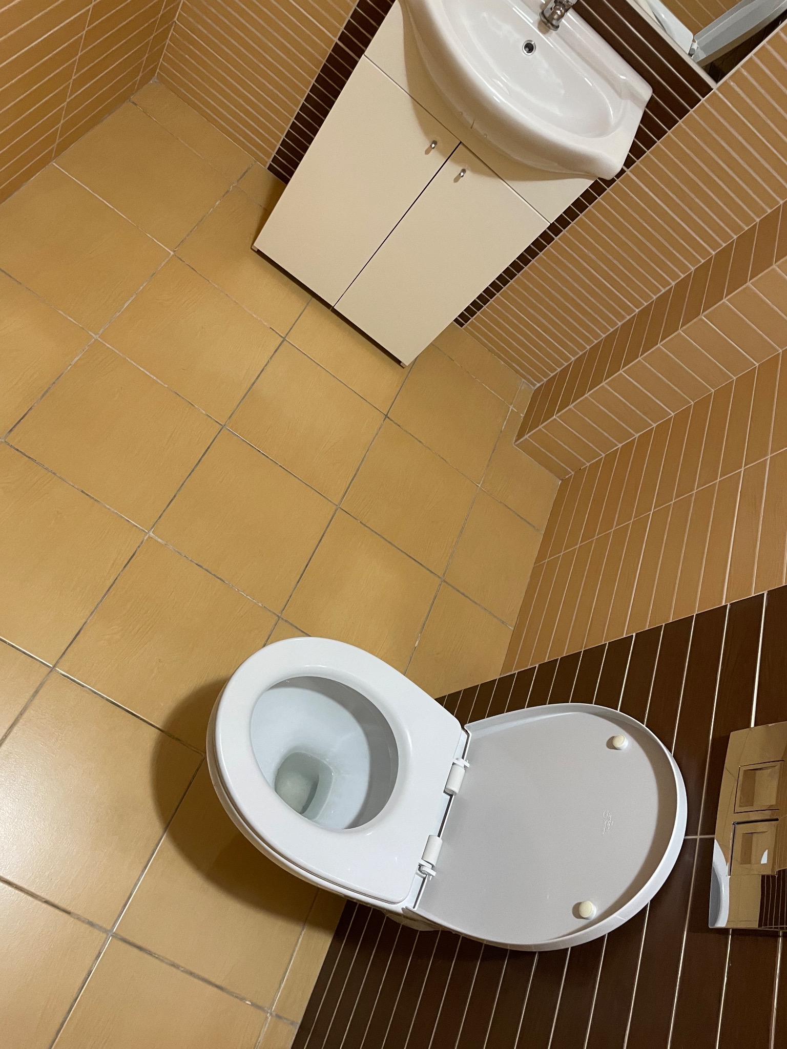 Ukośne ujęcie toalety z otwartą klapą w łazience z beżowo-brązowymi płytkami i umywalką z szafką