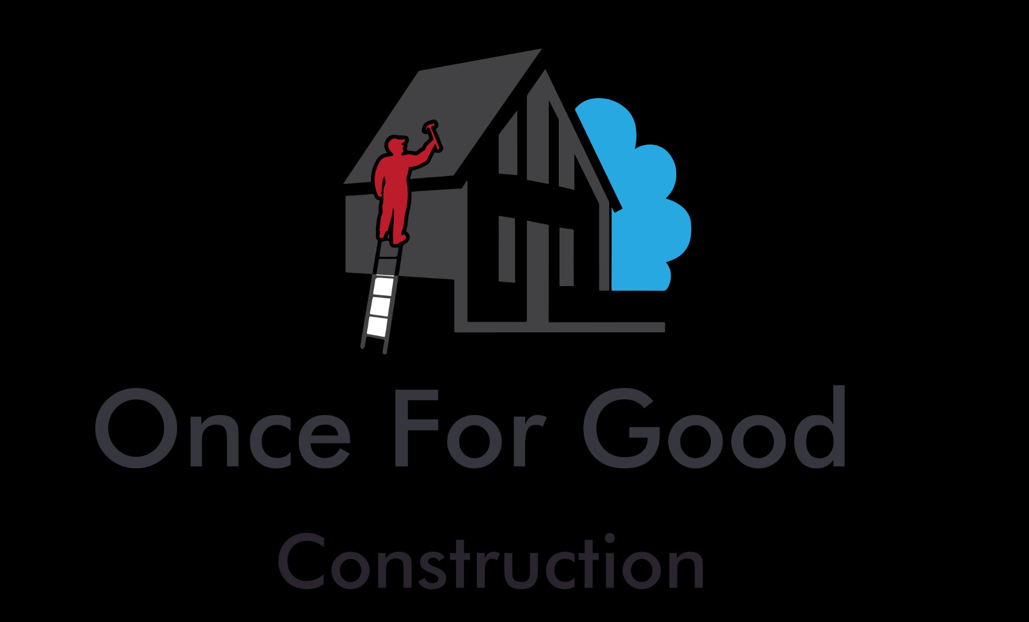 Graficzne logo firmy budowlanej przedstawiające sylwetkę domu z niebieskim obłokiem z boku, czerwoną postacią na drabinie z młotkiem, oraz napisem 'Once For Good Construction' na czarnym tle.