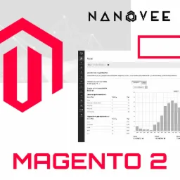 Panel administracyjny sklepu internetowego Magento 2 z widocznymi statystykami sprzedaży, zamówień i popularnych fraz wyszukiwania, uzupełniony o logo Magento i nazwę firmy NanoVee w tle.