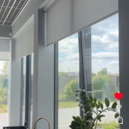 Roll Design - Minimalistyczne, szare rolety wewnętrzne w nowoczesnym wnętrzu z dużymi oknami, przez które widać zieleń. Uwagę przykuwa designerska umywalka i złota bateria.