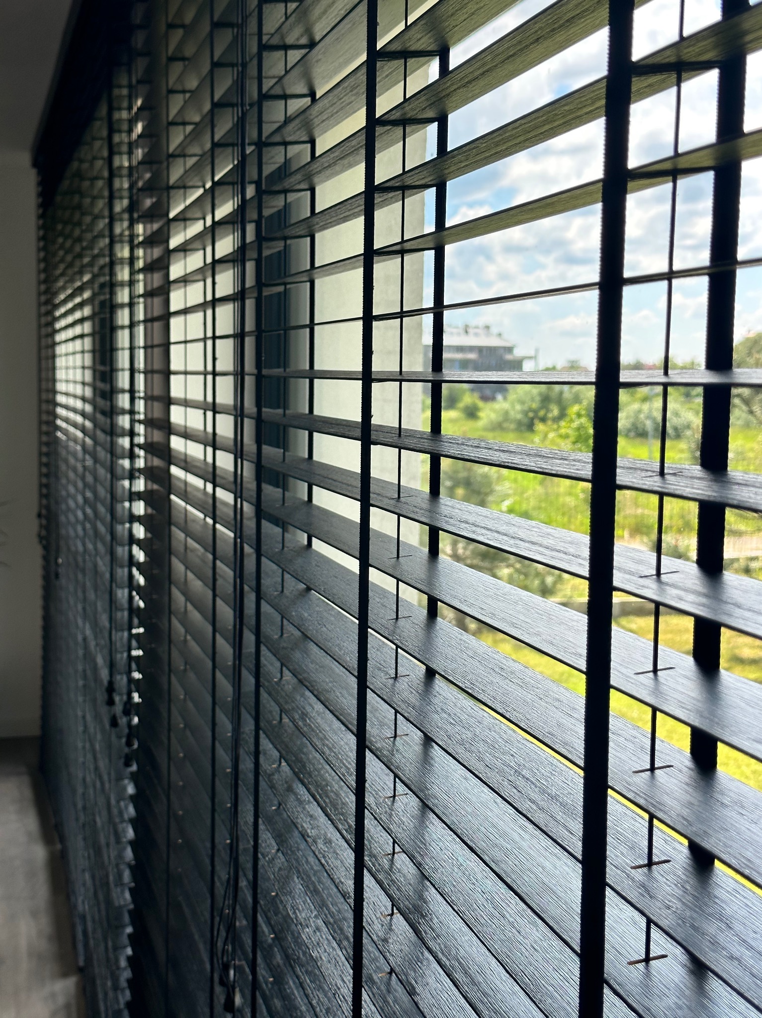 Ciemne, drewniane żaluzje z widokiem na zieleń i budynek w tle, uchwycone pod kątem.