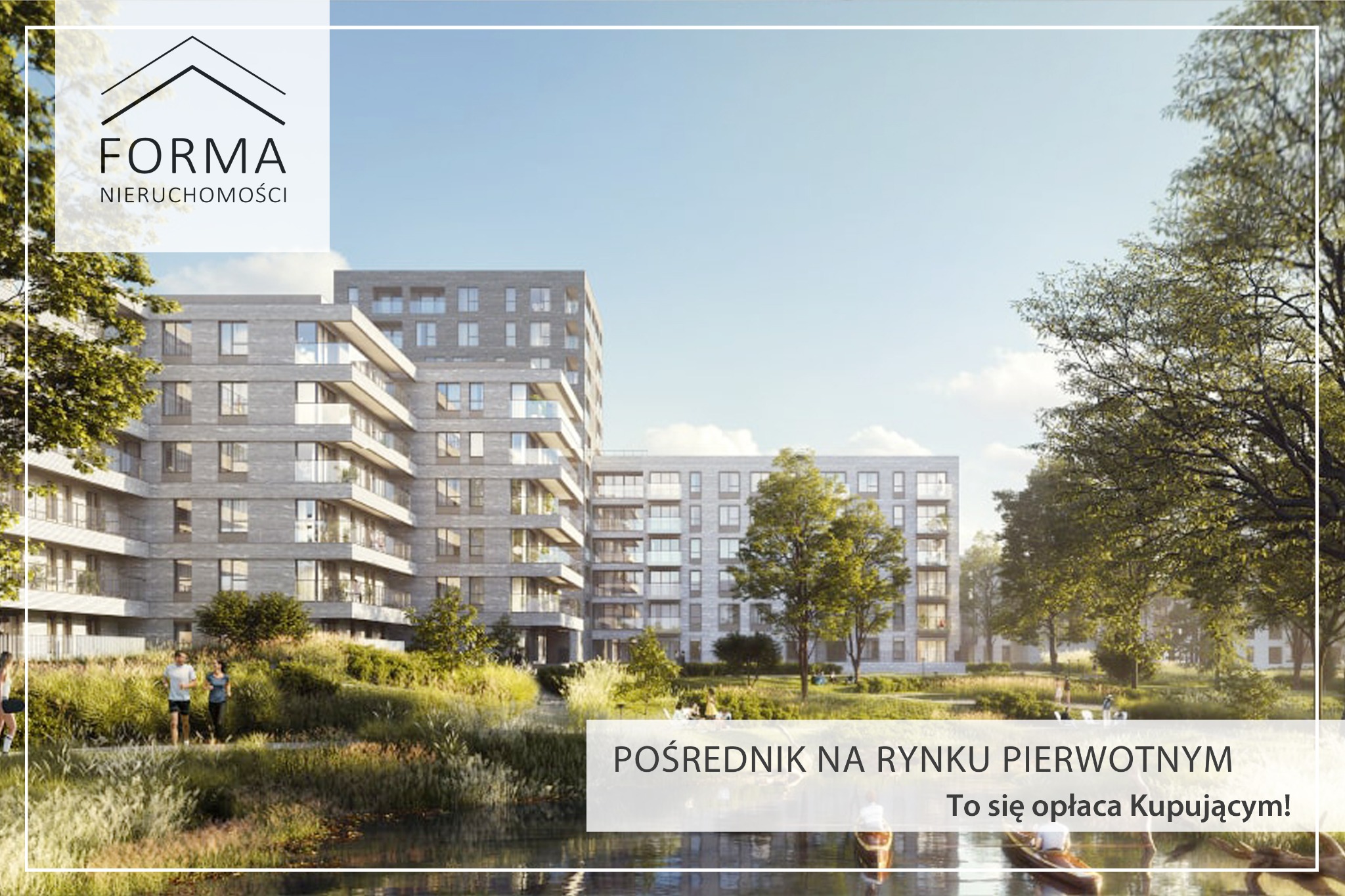 Wizualizacja nowego osiedla mieszkaniowego z parkiem, jeziorem i osobami spacerującymi, przedstawiona z perspektywy wody, z logo firmy deweloperskiej w lewym górnym rogu.