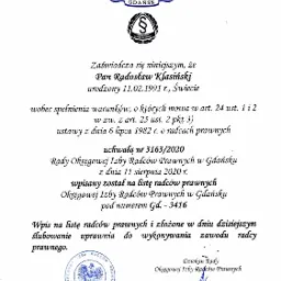 Zaświadczenie o wpisie na listę radców prawnych