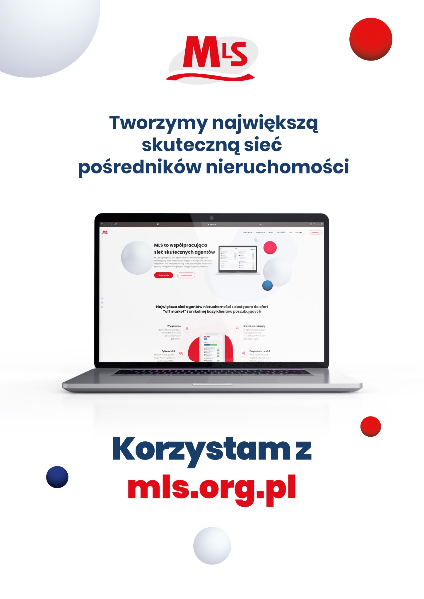 Laptop wyświetla stronę MLS.org.pl, prezentującą sieć pośredników nieruchomości z dostępem do ofert 'off market'. Czerwone i niebieskie kule na białym tle.
