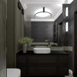Elegancka łazienka w ciemnych tonacjach z umywalką nablatową, lustrem i dekoracyjnymi lampami ściennymi. Uwagę zwraca ryflowana kabina prysznicowa i bukiet kwiatów.