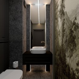 Studio WNĘTRZ Agnieszka Chwedaczuk - Elegancka łazienka w ciemnej tonacji z umywalką nablatową, podświetlanym lustrem i tapetą z motywem pejzażu. Minimalistyczny design z akcentami naturalnych wzorów.