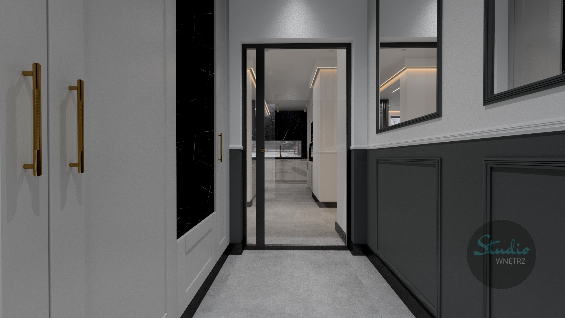 Nowoczesny korytarz z widokiem na kuchnię w odcieniach szarości, bieli i czerni, złote uchwyty szafy, czarne marmurowe wykończenie ściany, przeszklone drzwi z czarną ramą, ściana z szarymi panelami...