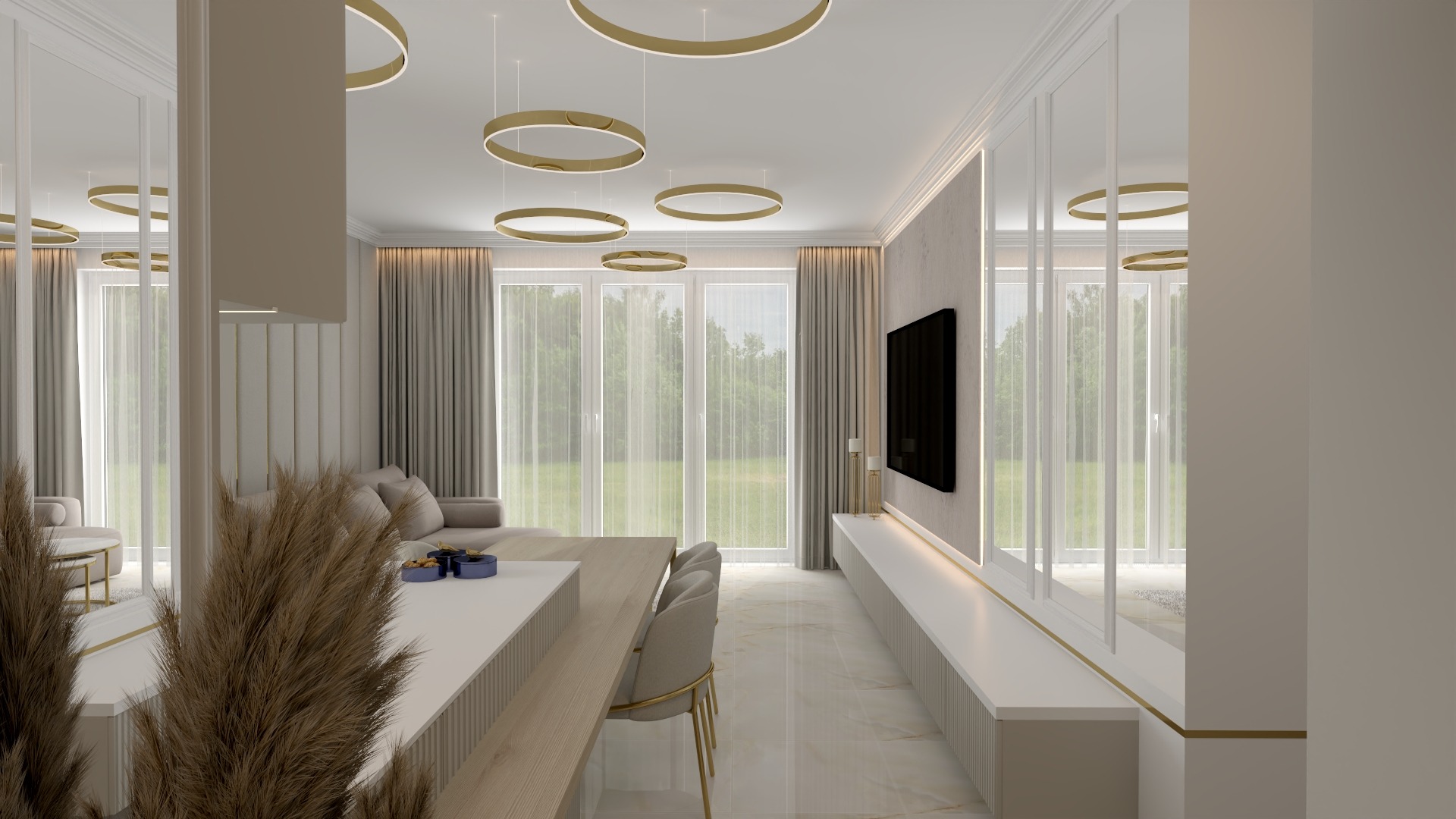 Wizualizacja salonu z jadalnią w odcieniach beżu i bieli, z okrągłymi lampami sufitowymi, dużymi oknami wychodzącymi na ogród i dekoracyjnymi trawami w wazonie na stole.