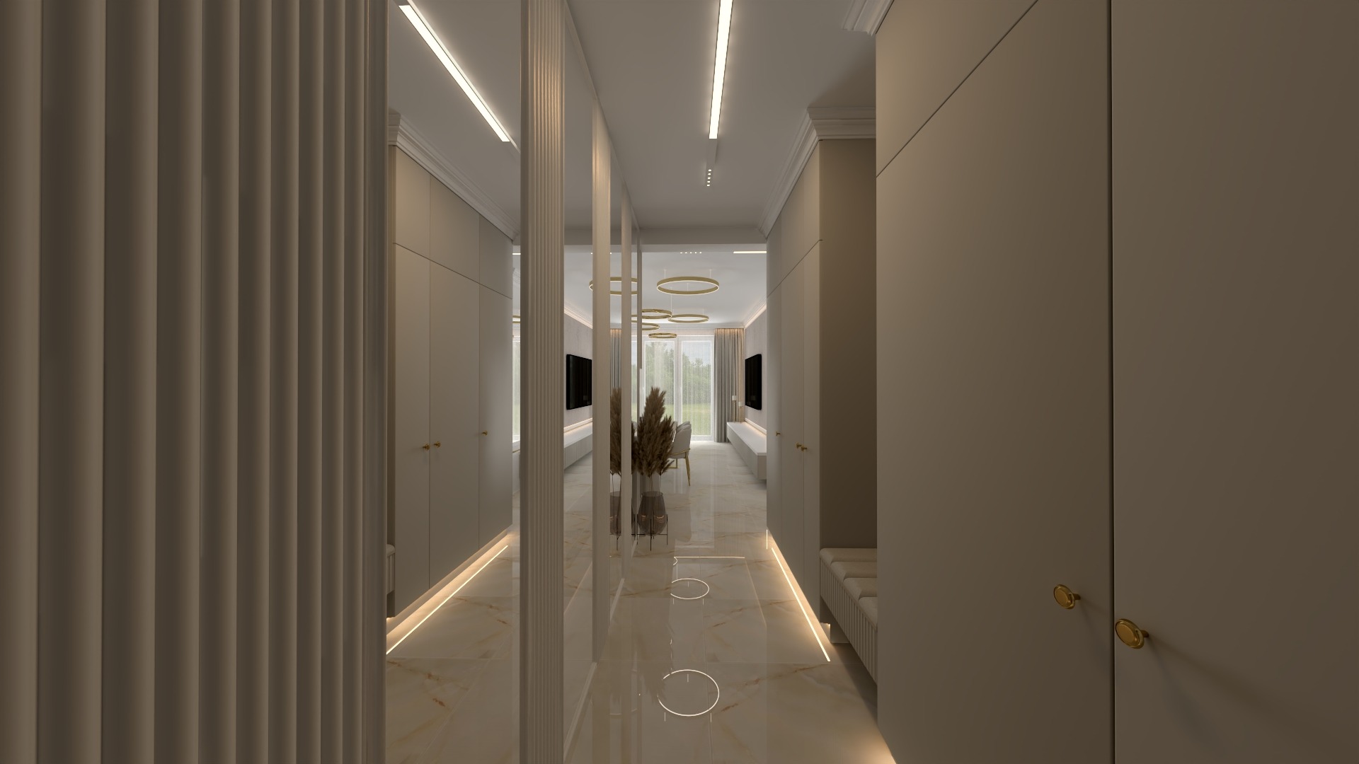 Wizualizacja długiego, wąskiego korytarza z beżowymi szafami w zabudowie, oświetleniem LED wzdłuż podłogi i ozdobnym szkłem żłobkowanym po lewej stronie, prowadzącego do jasnego salonu z widokiem...