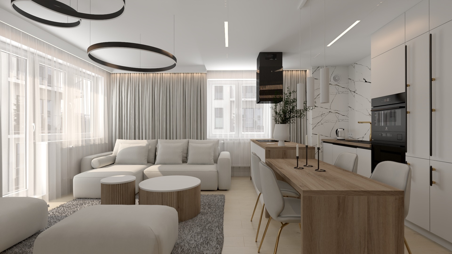 Jasne, nowoczesne wnętrze z otwartą przestrzenią salonu i kuchni; biała sofa modułowa z okrągłymi stolikami kawowymi, drewniany stół jadalny z krzesłami na złotych nogach, minimalistyczna zabudowa...