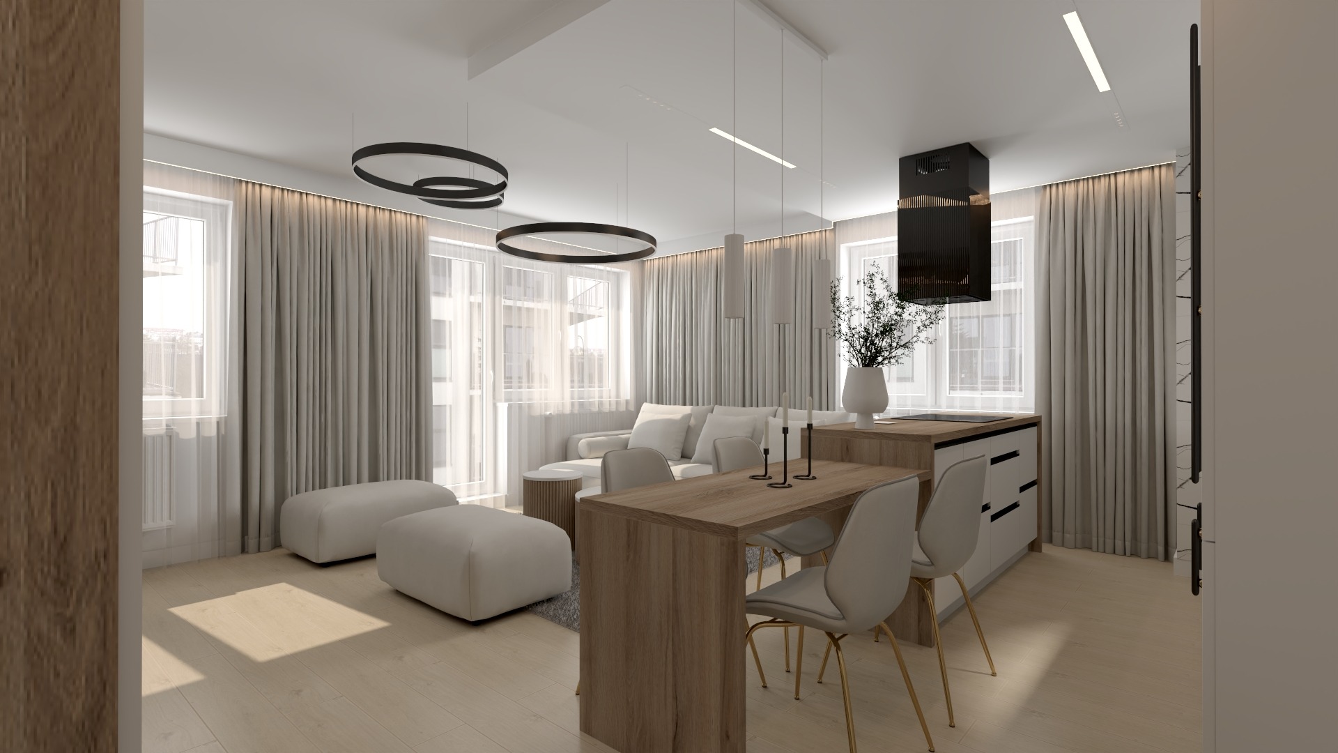 Jasne, nowoczesne wnętrze z otwartą kuchnią i salonem, minimalistyczne lampy wiszące, drewniany stół z krzesłami i beżowe zasłony w tle.