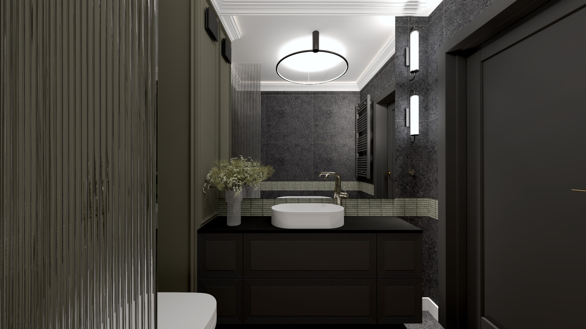 Elegancka łazienka w ciemnych tonacjach z umywalką nablatową, lustrem i dekoracyjnymi lampami ściennymi. Uwagę zwraca ryflowana kabina prysznicowa i bukiet kwiatów.