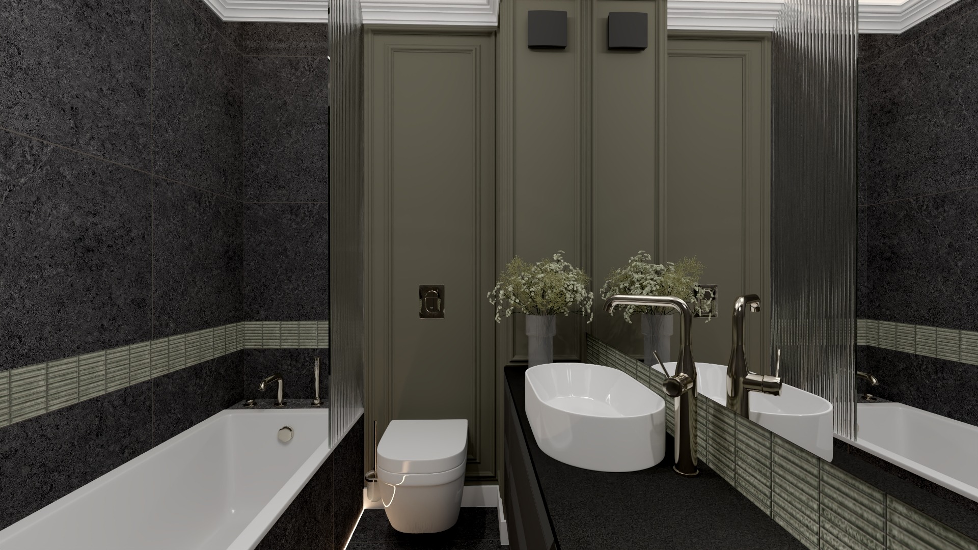 Elegancka łazienka z ciemnymi płytkami, białą wanną i umywalką nablatową. Lustro z dekoracyjnym pasem. Klasyczne, oliwkowe panele ścienne i minimalistyczne oświetlenie.