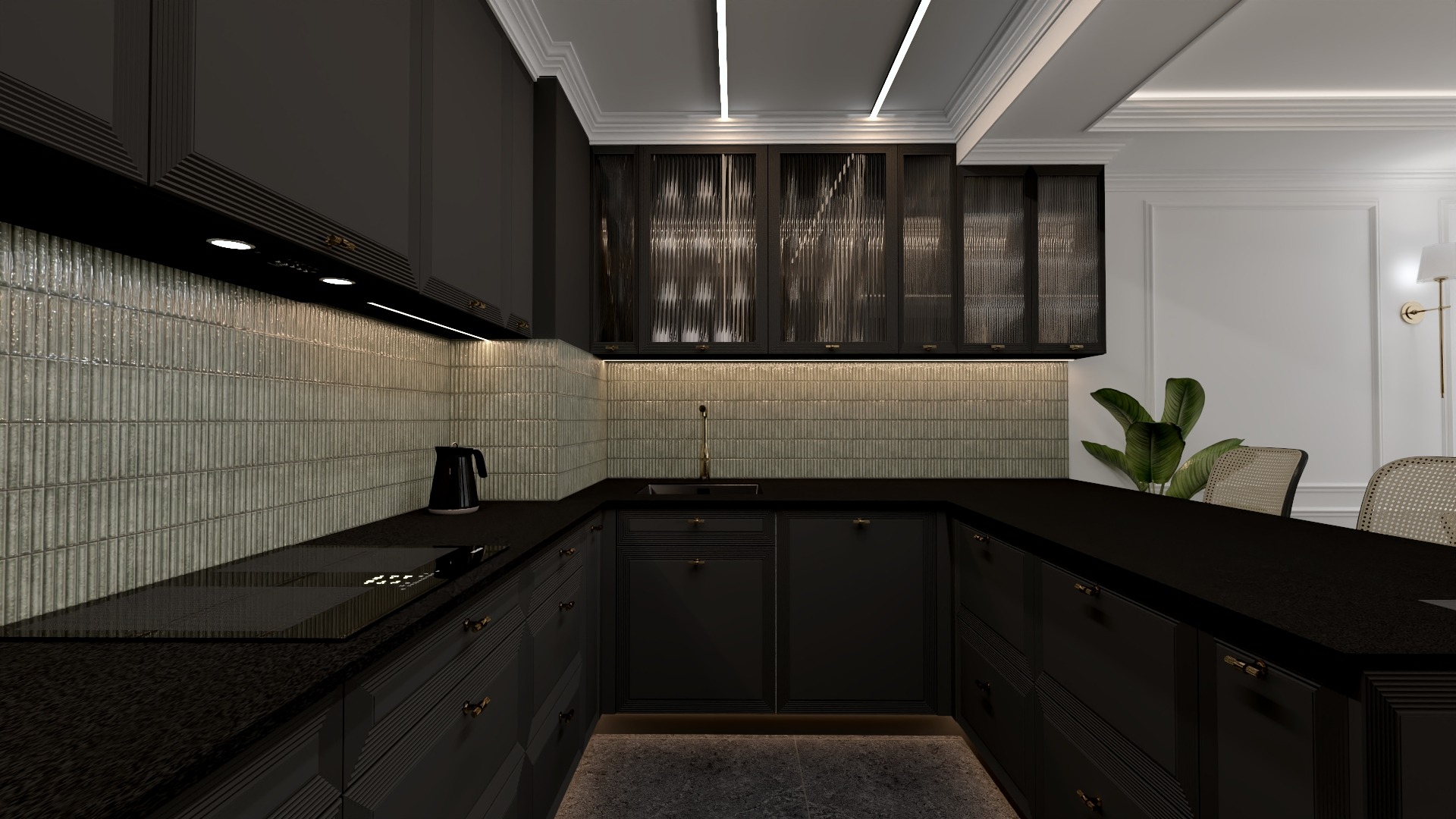 Elegancka, czarna kuchnia w stylu klasycznym z ryflowanymi frontami, złotymi detalami i oświetleniem LED. Dekoracyjne płytki na ścianie i szklane witryny szafek.