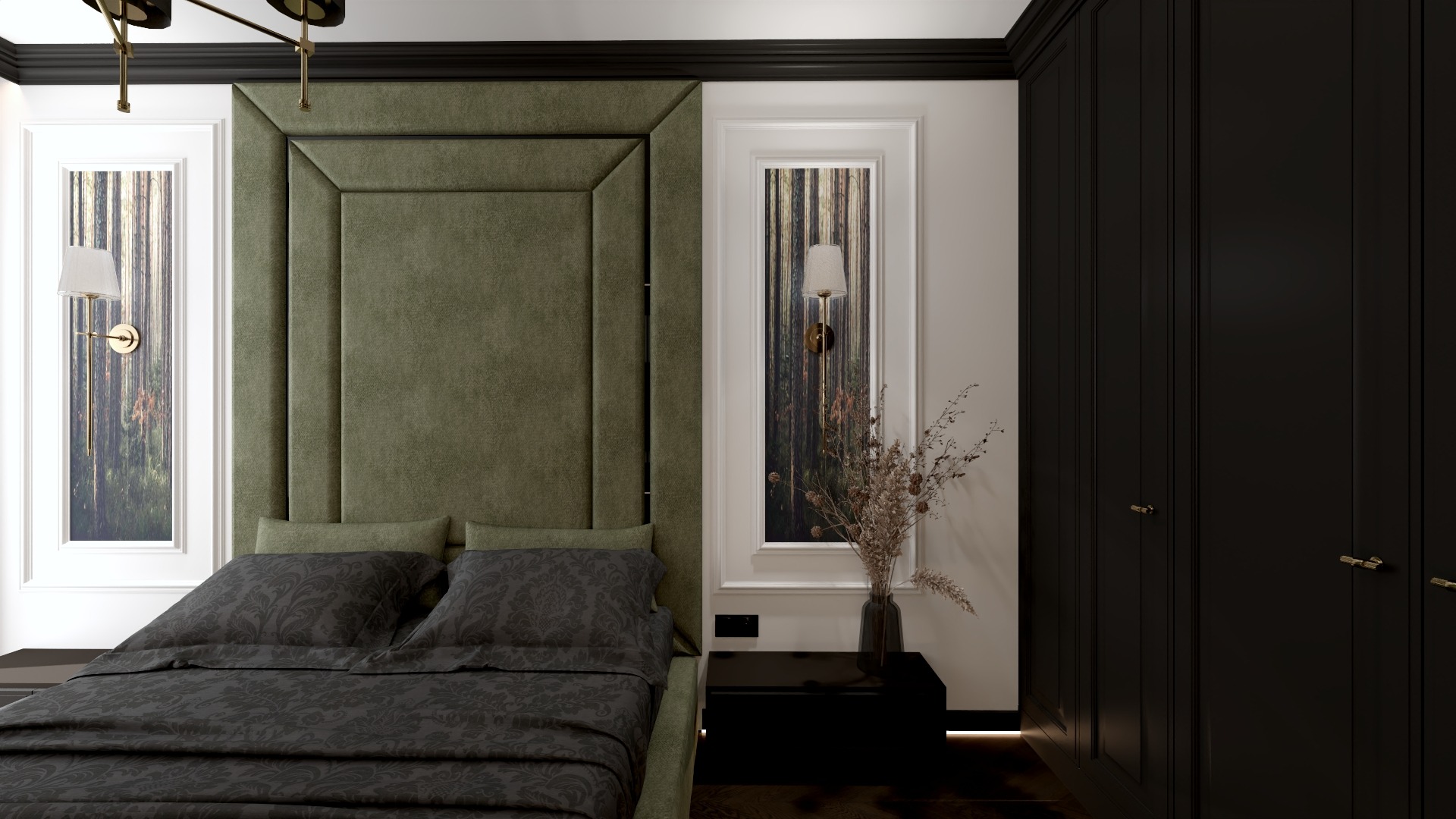 Elegancka sypialnia z zielonym, tapicerowanym zagłówkiem, wzorzystą pościelą i czarną szafą. Na ścianie obraz z leśnym motywem i minimalistyczna lampka.